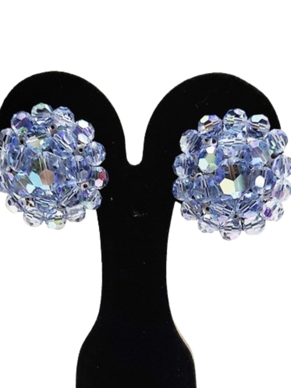 Large 1960s Vintage Light Blue Crystal Beads And Rhinestone Round Earrings Clips